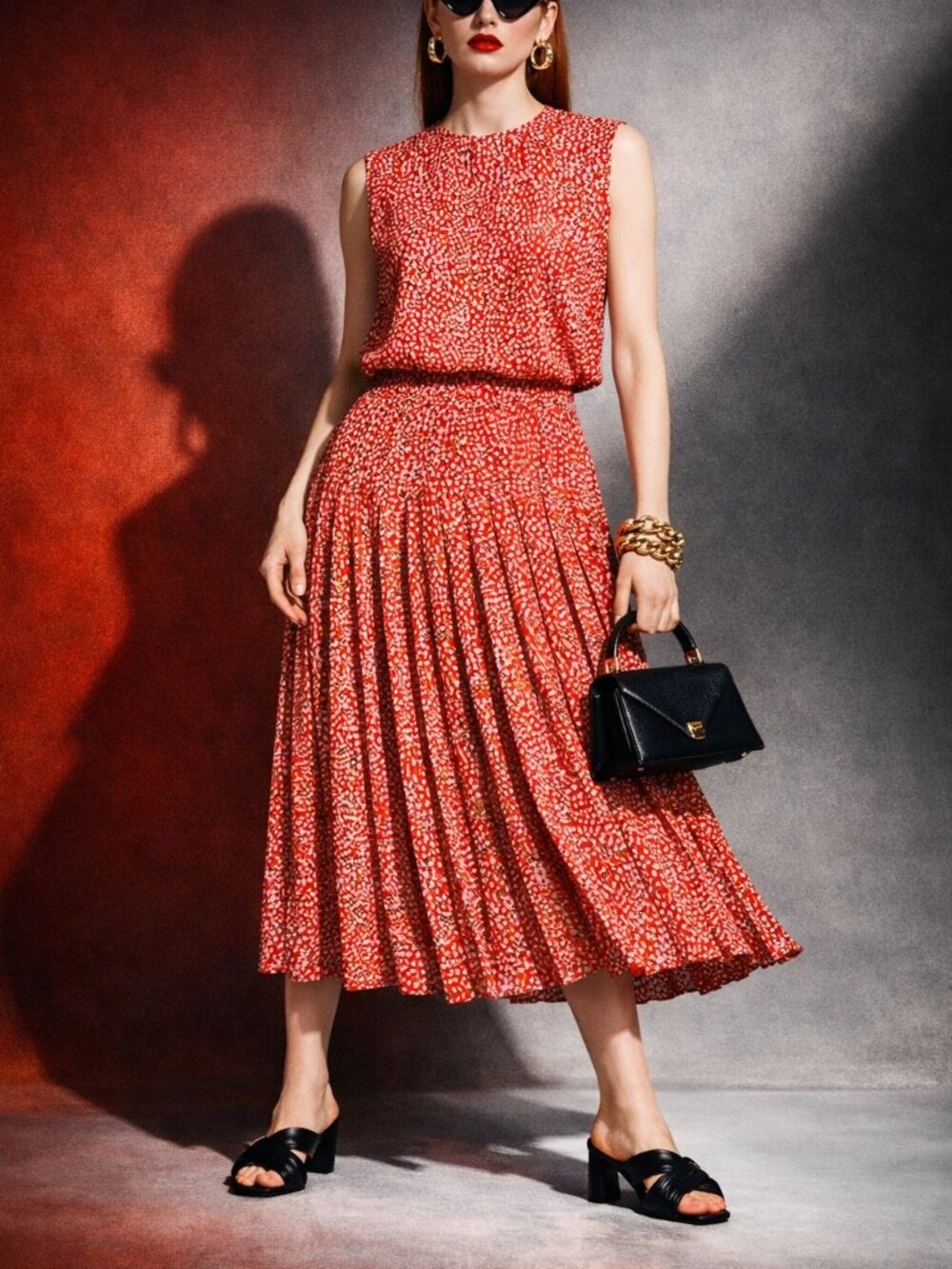 Ted Baker 2pc set Zandi Pleated Flowy Midi Skirt and Meika Strong Shoulder Boxy